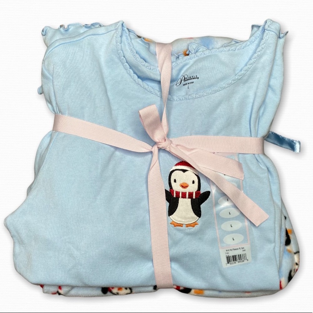 Simple Pleasures Girl Kids Blue Knit W/ Fleece Penguin PJ Pajama 2pc. Set Size L
